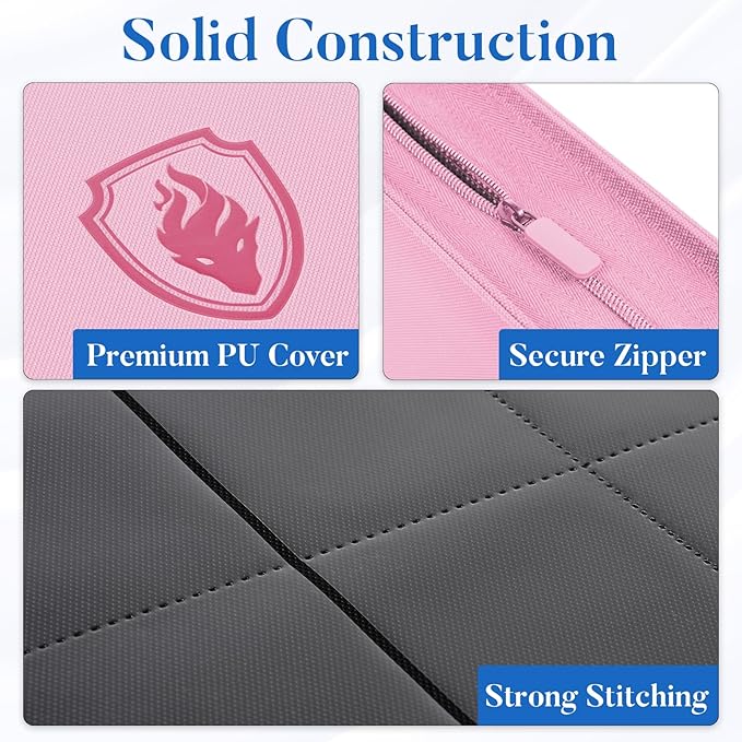 Premium Zip Card Binder 12 Pocket, Fabmaker 912 Pockets Trading Card Binder, PU Zipper Card Collection Album, Sturdy Side-Loading Card Book Holder for Game & Sports Cards, Pink