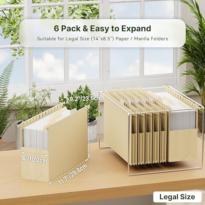 XINGIA Wheat Straw Reinforced Hanging File Folders Legal Size,4 Inch Expansion File Organizer,6 Pack Extra Capacity File Cabinet Folders for Bulky Files,Medical Charts,Filing Folders Hanging with Tabs