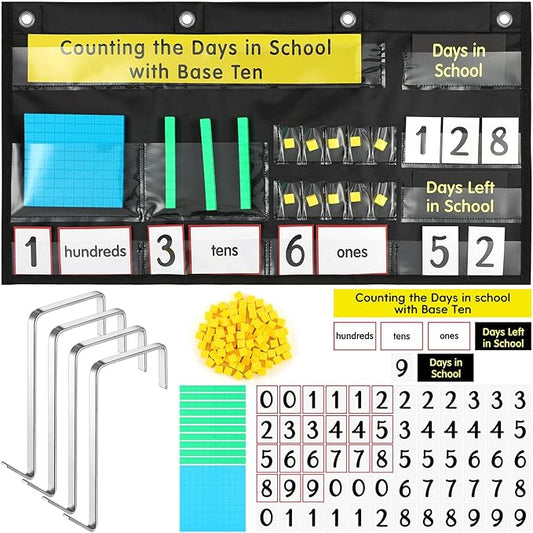 Back to School Counting The Days with Base Ten Pocket Chart Place Value, Counting Caddie Pocket Chart for Classroom Bulletin Board School or Home Decor, 4 Hooks(Black,Classic Style)