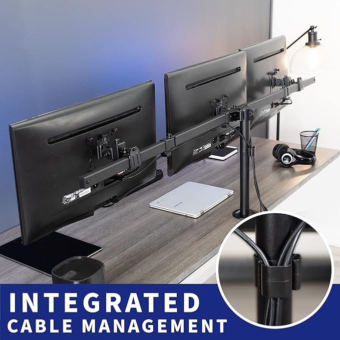 VIVO Triple Monitor 21.5 to 27 inch LED LCD Clamp-on Desk Mount, Flush to Wall, Heavy Duty Articulating Computer Stand, Holds 3 Screens, for Home Office Workstation, Black, STAND-V103C