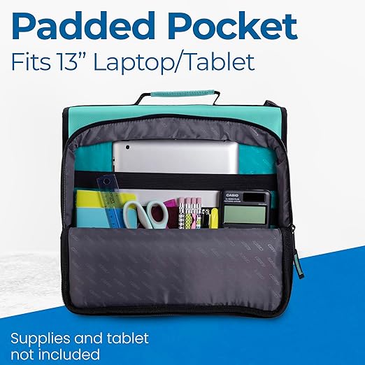 Case-it Universal Zipper Binder 2-Inch O-Rings, 13-Inch Laptop/Tablet Padded Pocket, 400 Sheet Capacity, Multiple Storage Pockets & Shoulder Strap School & Office LT-007 Spearmint (Pack of 6)