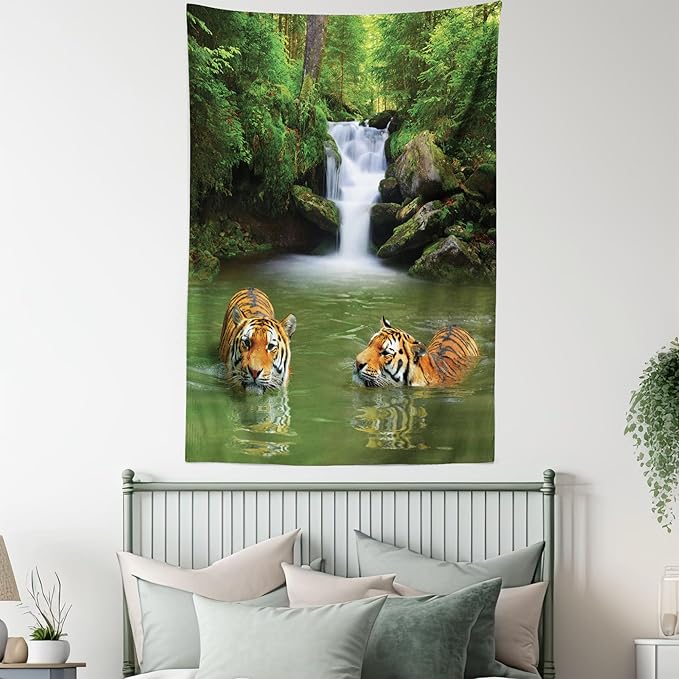 Ambesonne Savannah Tapestry Queen Size, Siberian Tigers in Water Waterfall Pool Woodland Swimming Natural, Wall Hanging Bedspread Bed Cover Wall Decor, 88" X 88", Reseda Green Orange
