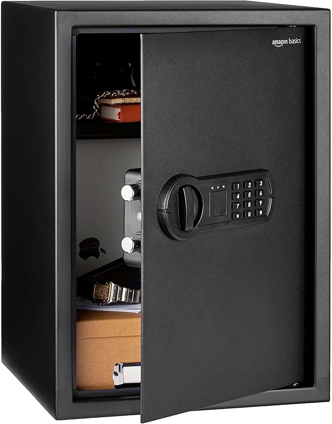 Amazon Basics Steel Home Security Safe Box with Electronic Keypad Lock for Documents, Jewelry, Valuables, 1.8 Cubic Feet, Black, 13.8"W x 13"D x 19.7"H