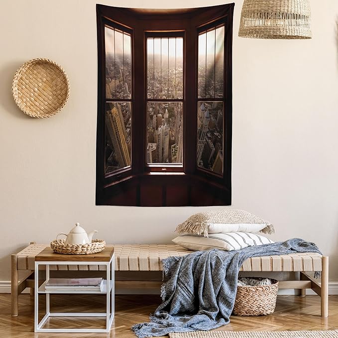 Ambesonne Aerial Tapestry Twin Size, Urban View from The Window View City Dusk Building North American Town Scene, Wall Hanging Bedspread Bed Cover Wall Decor, Twin Size, Brown and Taupe