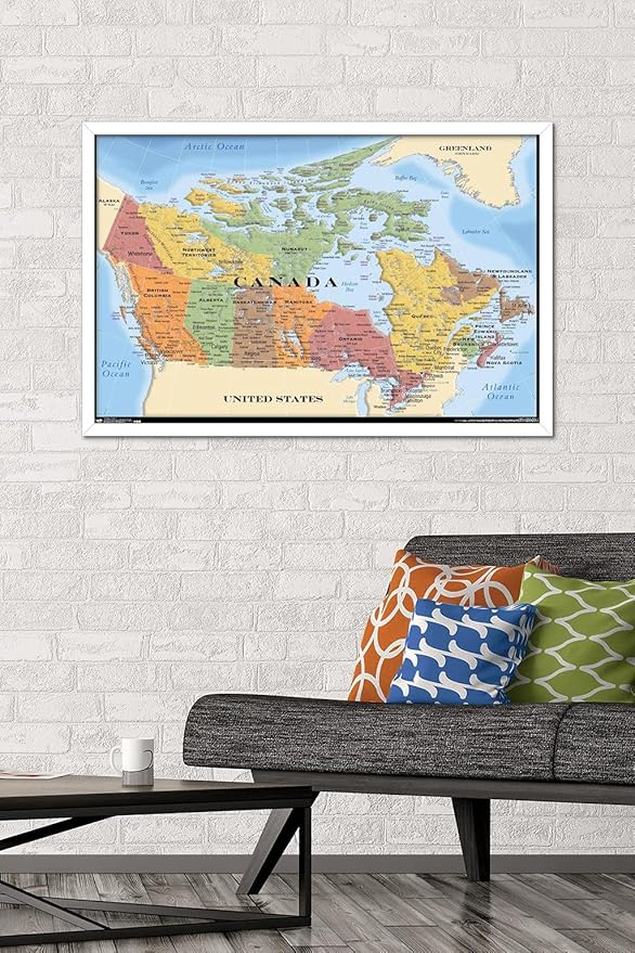 Map - Canada Wall Poster, 34L" x 22.4W", White Framed Version