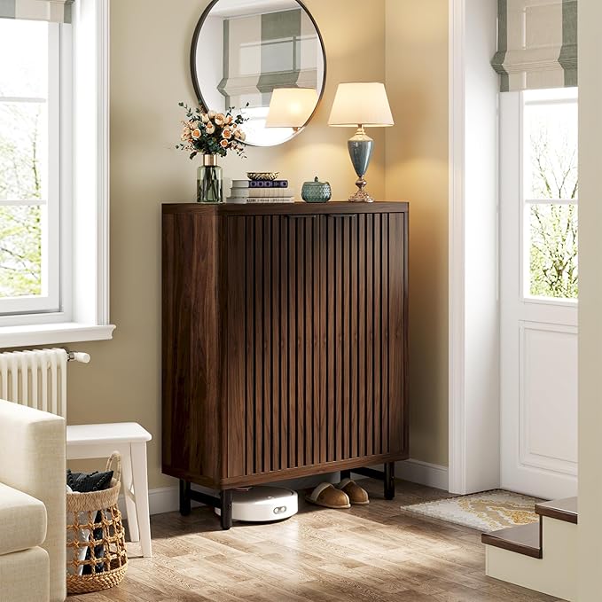 Tribesigns 6-Tier Shoe Cabinet with Shutter Doors, Large Wooden Shoe Organizer Rack with Adjustable Shelves, Modern Farmhouse Hidden Storage Furniture for Entryway, Hallway (Dark Walnut)