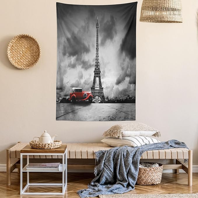 Ambesonne Eiffel Tower Tapestry, Image of Eiffel Tower Paris France Vintage Car Street Dark Clouds, Fabric Wall Hanging Decor for Bedroom Living Room Dorm, 30" X 45", Black Red