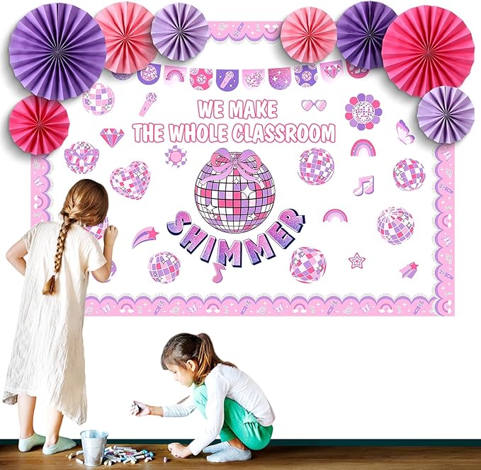 Eersida Spring Bulletin Board Decorations with Paper Fans St Patricks Day 3D Classroom Bulletin Board Christian Easter Flower Bunny Cutouts School VBS Library Church Window Wall Decor(Pink Disco)