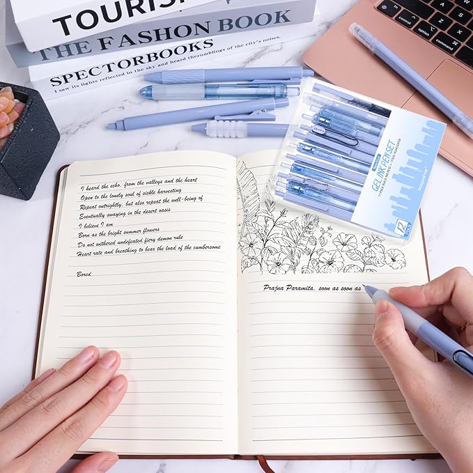 12Pcs Gel Pens Set, 11 Black Ink Pens, 1 Highlighter, Retractable 0.5mm Fine Point Pens for Office School (Navy Blue)