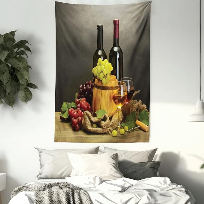 Ambesonne Winery Tapestry, Cask Bottles and Glasses of Wine and Ripe Grapes on Wooden Table Picture Print, Fabric Wall Hanging Decor for Bedroom Living Room Dorm, 23" X 28", Grey Taupe