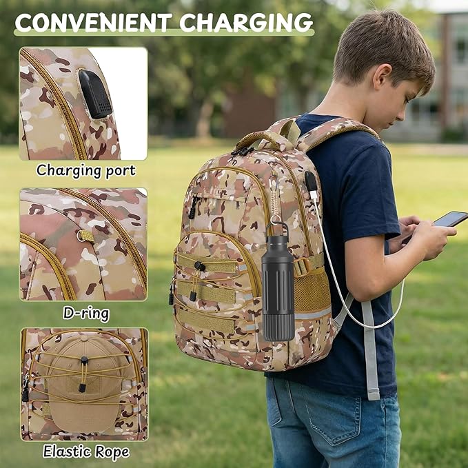 Kids Backpack for Boys - Camo Boys Backpacks for Kids Teens Elementary Middle School, 18″ Camouflag Students Bookbag with Usb Charging Port & Key-chain, Perfect for Travel and School