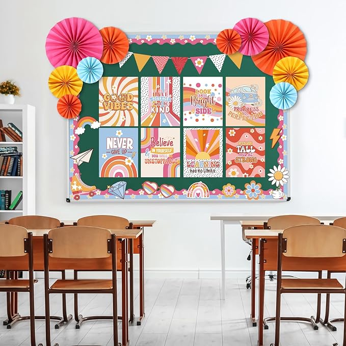Pajean 62 Pcs Retro Groovy Classroom Bulletin Board Decorations Inspirational Posters with 3D Paper Fans Groovy Cutouts Motivational Bulletin Board Set for Back to School Classroom Home Decorations
