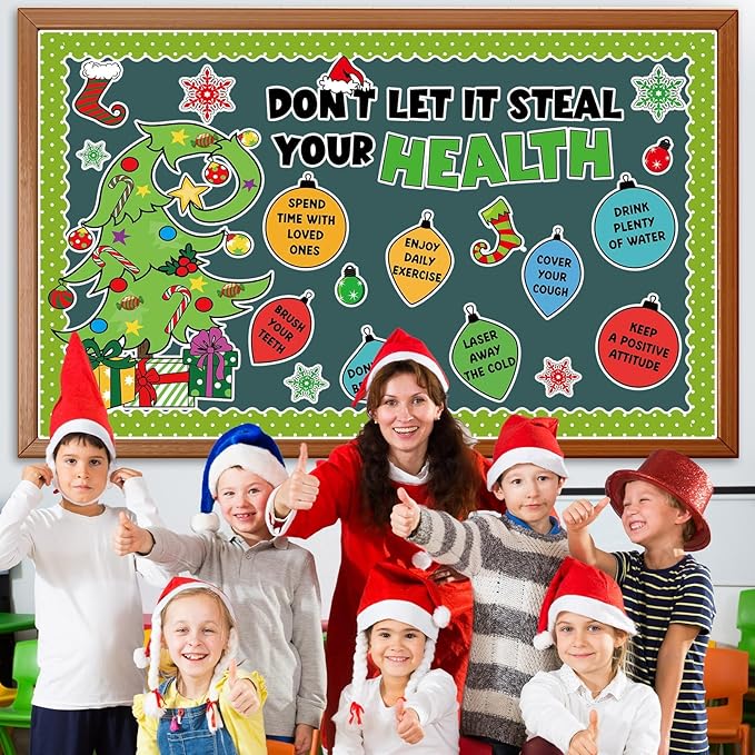 Christmas Bulletin Board Decorations Christmas Accents Healthy Habits Cutouts Red Green Xmas Elf Tree Paper Classroom Decors for Winter Holiday School Classroom Chalkboard Wall Decor Supplies