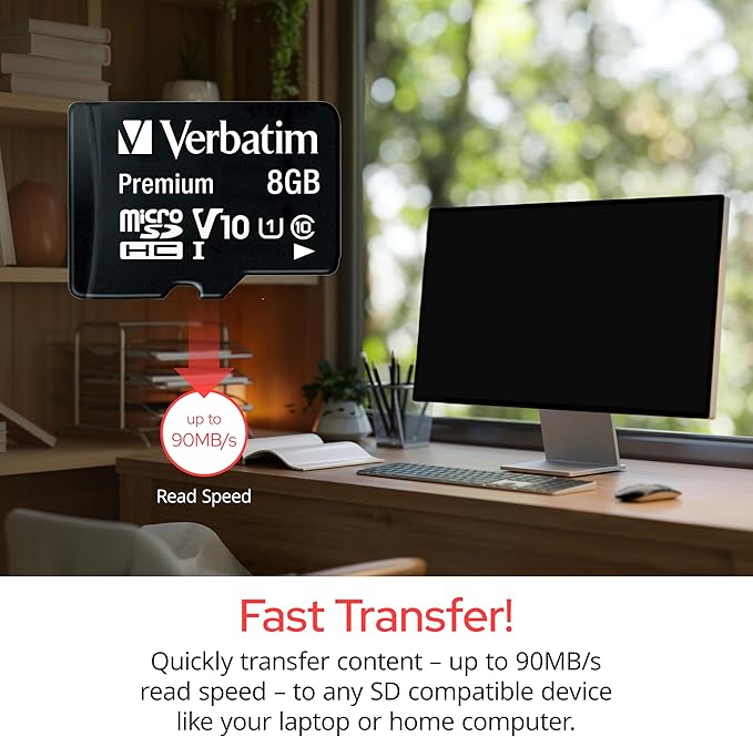 Verbatim 8GB Premium microSDHC Memory Card with Adapter UHS-I V10 Class 10 supports Full HD (1080p) U1 speed rated Up to 80MB/s read speed