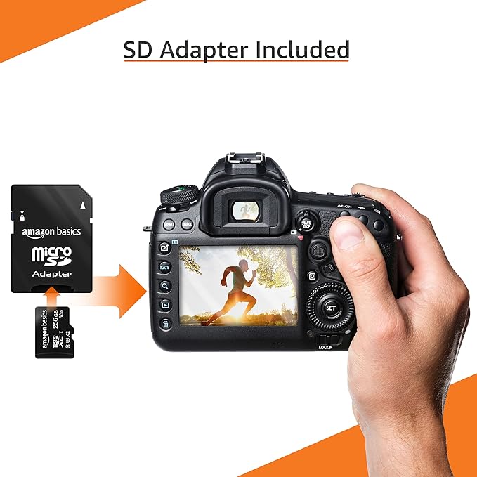 Amazon Basics Micro SDXC Memory Card with Full Size Adapter for Smartphones, Tablets, Action Cameras, Full HD, A2, U3, Read Speed up to 100 MB/s, 256 GB, Black