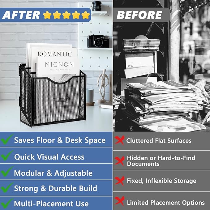Vertical Triple File Folder Holder Magazine Holder Wall Mount & Desktop 3 Tier Vertical Desk Organizer Pocket File Holder Sorter Magazine Storage Rack For Office Home Organization Wall Door