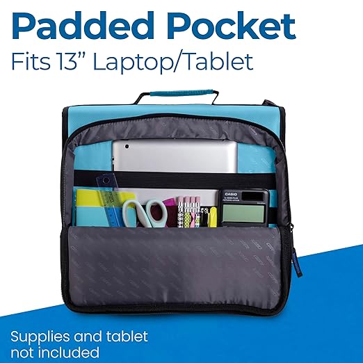 Case-it Universal Zipper Binder | 2-Inch O-Rings, 13-Inch Laptop/Tablet Padded Pocket, 400 Sheet Capacity, Multiple Storage Pockets & Shoulder Strap | School & Office Organizer | LT-007 Teal