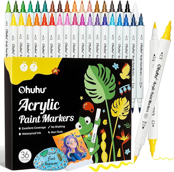Ohuhu Acrylic Paint Markers Dual Tips: 36 Colors Brush & Fine Paint Pens High Opacity Acrylic Markers Waterproof Lightfast for Christmas Gifts Rock Painting 3D Prints Egg Wood Glass Ceramic DIY Crafts