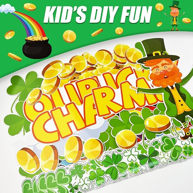 St. Patrick’s Day Bulletin Board Set, St. Patrick’s Shamrocks Cutouts Border Clover Leprechaun Rainbow Pot of Gold Classroom Decorations for School Chalkboard Wall Window Party Decor Supplies