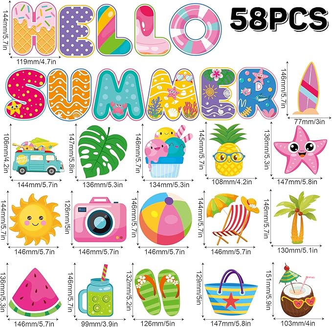 73 Pcs Hello Summer Cutouts for Bulletin Board Decorations - Hawaiian Tropical Paper CutOuts Summer Pool Beach Bulletin Board Border Wall Decals for Kids Teacher Supplies Classroom School Kindergarten