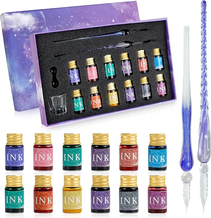 Glass Dip Pen Ink Set, 16pcs Fountain Calligraphy Pens Set, 2 Crystal Signature Glass Pen, 12 Gold Powder Drawing Ink Drip Tool for Art Writing Signatures Beginners Valentines Day Gift
