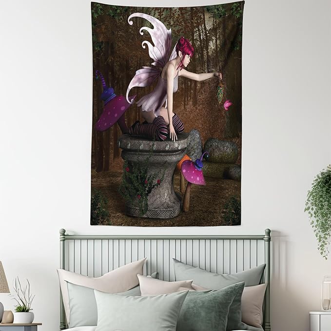 Ambesonne Tale Tapestry, Dimensional Mythical Creature Design Artifact on Pedestal Forest Print, Wall Hanging for Bedroom Living Room Dorm Decor, 40" X 60", Red Purple Grey