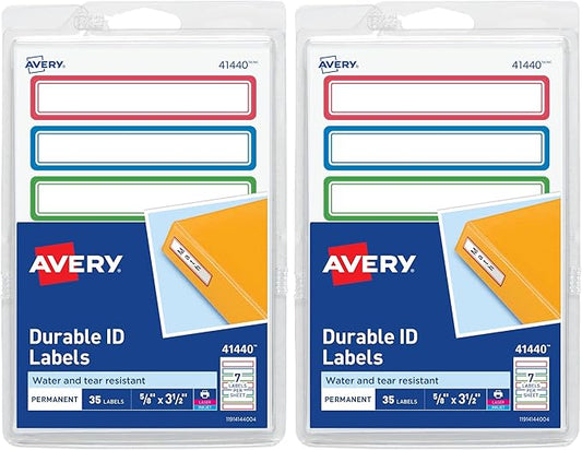 Avery(R) Durable Labels for Kids' Gear, 5/8" x 3-1/2", Assorted Border Colors, Water-Resistant, 35 Rectangle Labels Total (Pack of 2)