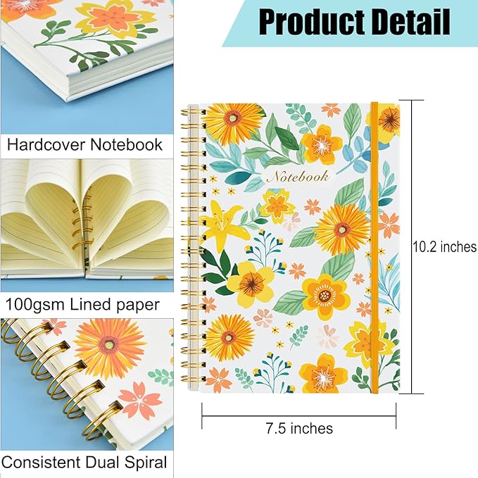 Coopay 8 Pack B5 Spiral Notebook Journal for Women, College Ruled Composition Notebooks Hardcover Spiral Journal, Cute Blooming Floral, Office School Business Supplies, 10.2" x 7.5", 160 Page