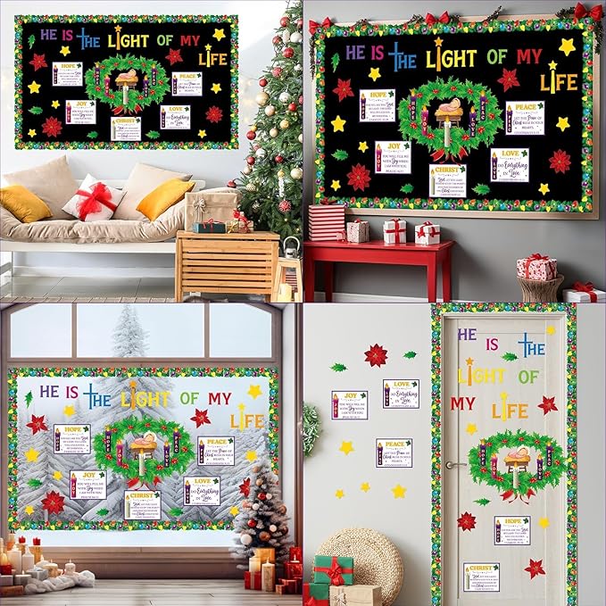 Christmas Advent Bulletin Board Set Advent Wreath Candle Classroom Decoration Love Hope Joy Peace Cutouts Xmas Nativity Bulletin Board for Winter Holiday Christian Religious Sunday School Wall Decor