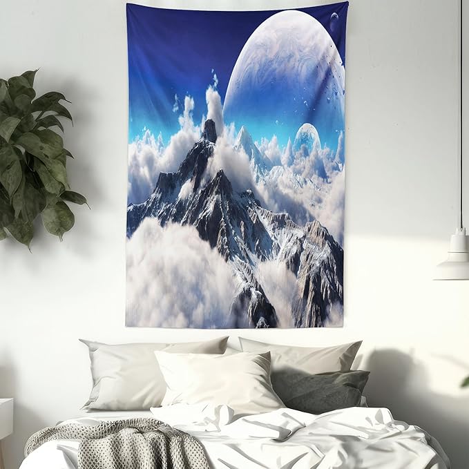 Ambesonne Fantasy Tapestry Queen Size, Celestial View of Snow Capped Mountains and Alien Planet Print, Wall Hanging Bedspread Bed Cover Wall Decor, 88" X 88", White and Navy Blue
