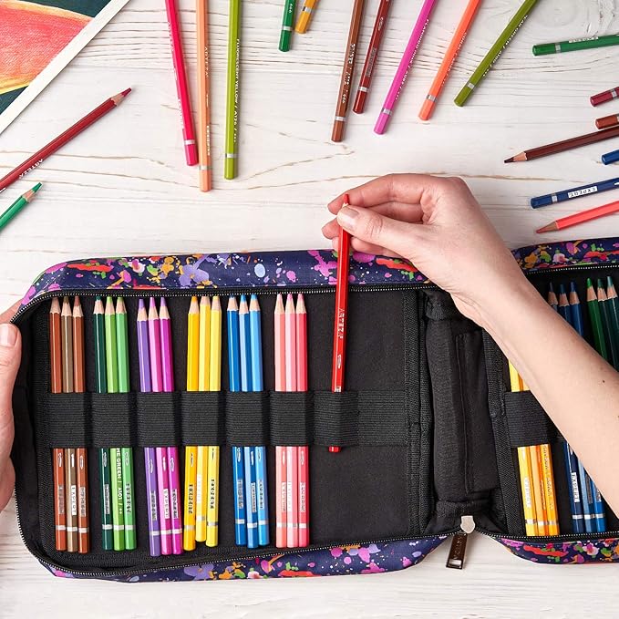 Arteza Pencil Case Organizer, 64 Elastic Slots, Paint Splatter Pattern, Large Capacity, Holds Up to 205 Pencils, Pens, and Markers