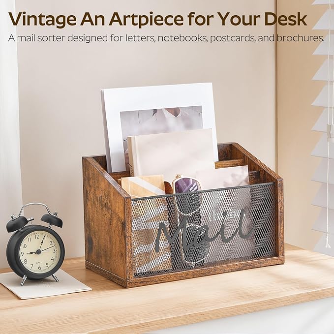 Mail Organizer Countertop, Mail Holder with 3 Slots, Mail Sorter for Desk, Wooden Office Desk Organizer, Mail Organizer for Magazines, Files, Papers, Folders, Rustic Brown and Black MR03BR