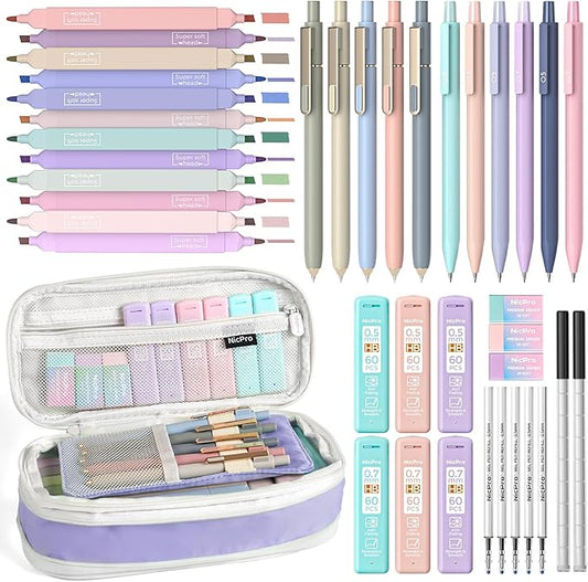 Nicpro 39 PCS Aesthetic School Supplies with Cute Purple Pencil Case, 12 Pastel Highlighters, 5 Quick Dry Black Ink Pens, 6 Mechanical Pencil 0.5 & 0.7mm for Girl Student Stationary College Essentials
