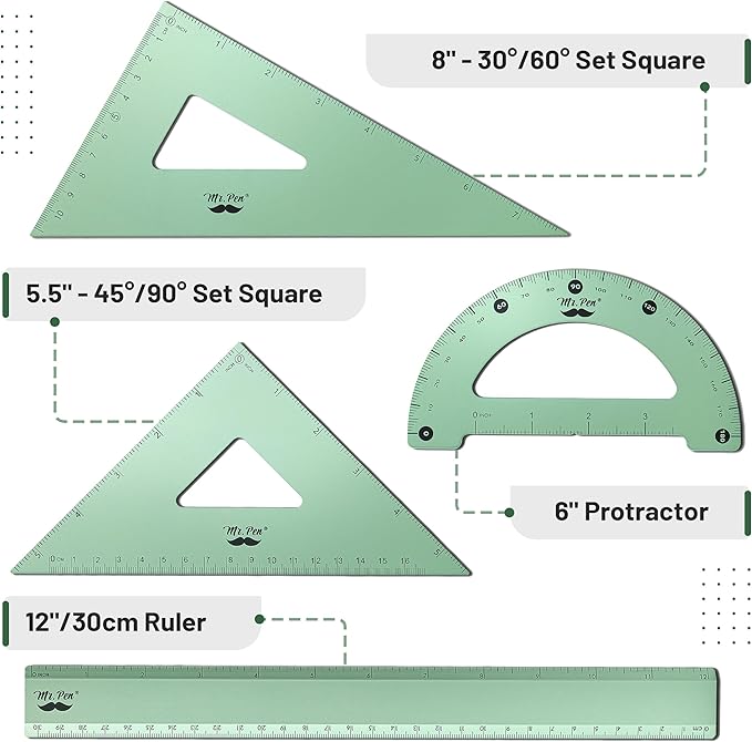 Mr. Pen- Geometry Set, 4 Pack, Light Green, Metal Geometry Kit, Triangle Ruler, Metal Ruler, Drafting Triangles, Metal Protractor, Metal Set Square, Drafting Ruler, Drafting Set