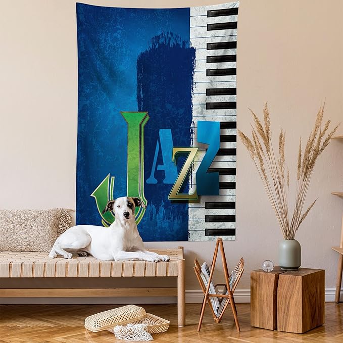Ambesonne Jazz Music Tapestry, Abstract Cracked Background Piano Keys Themed Print Rhytym Image, Wall Hanging for Bedroom Living Room Dorm Decor, 40" X 60", Navy Green White