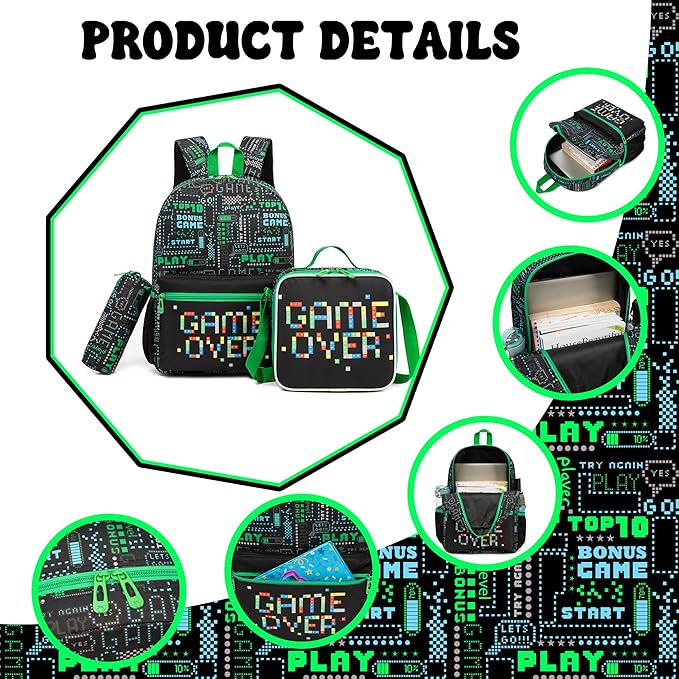 Game Backpack for School Boys Backpacks with Lunch Box Set Bookbag for Boys Travel Backpack Carry on Flight Approved Backpacks for School Kids