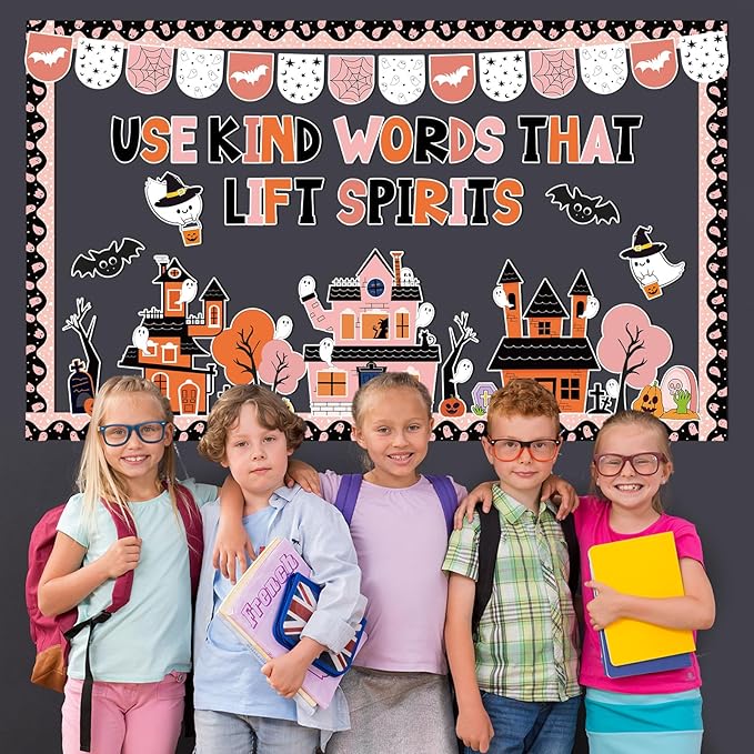 ojustbeok Halloween Bulletin Board Decorations Halloween Kind Classroom Cutouts Trick Treat Pumpkin Bat Ghost Castle Paper Decors for Holiday School Classroom Chalkboard Wall Decor Teacher Supplies