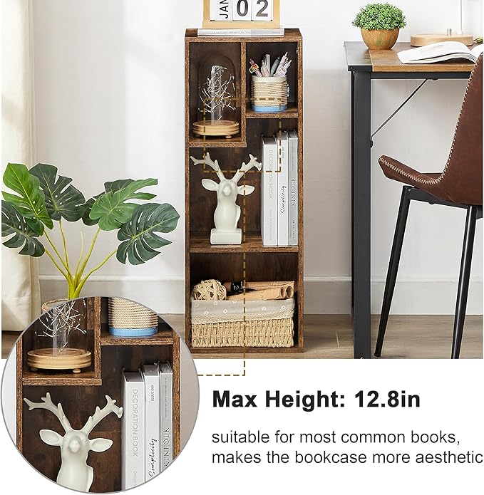 VECELO Small Bookshelf, 4 Cube Slim Bookcase, Fits Tallest Hardcovers, Horizontal Available, Modern Floor Standing Unit, Each Shelf Hold Up to 66 LBS,Brown