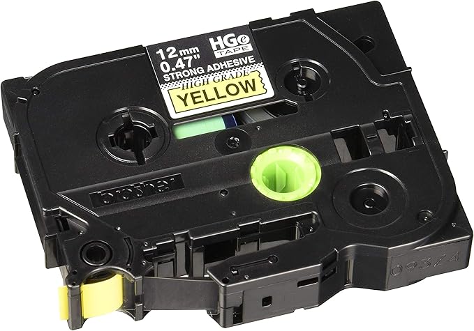 Brother HGES6315PK Genuine P-Touch, Pack Tape 0.47" (12mm) x 26.2ft (8m) Extra Strength Adhesive, Black on Yellow, Indoor/Outdoor Use, Extreme Temps, Chemical and Moisture Resistant
