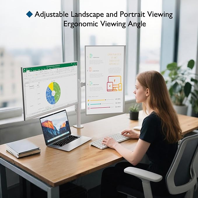 BONTEC Dual Monitor Desk Mount, Full Motion Adjustable White Monitor Stand for 13–27 Inch Screens, Heavy Duty Arms Hold 22 lbs Each, VESA 75x75/100x100, C Clamp and Grommet Base, Cable Management