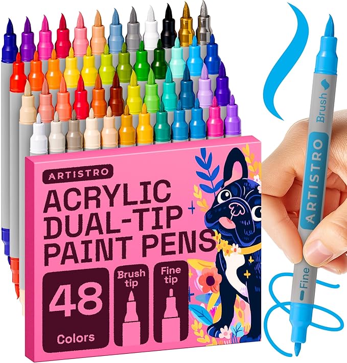 ARTISTRO 48 Acrylic Paint Markers - Paint Pens for Calligraphy, Brush + Fine Tips - For Fabric, Rock, Glass, Wood, DIY, Craft, Canvas - Art and Craft Supplies for Adults, Teens, Kids