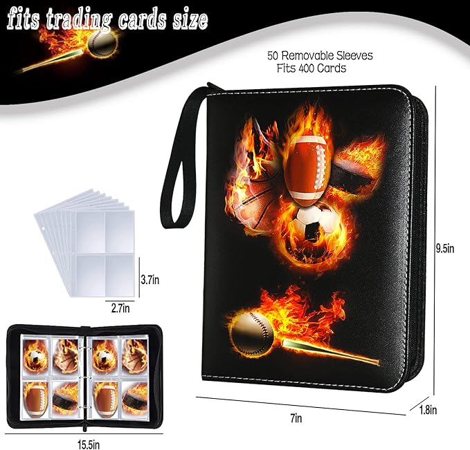 Sports Card Binder, Trading Card Binder 4 Pocket with 50 Sleeves Fits 400 Sport Cards, Sports Card Holder Binder with Zipper, Football Baseball Basketball Hockey Card Collection Storage Album