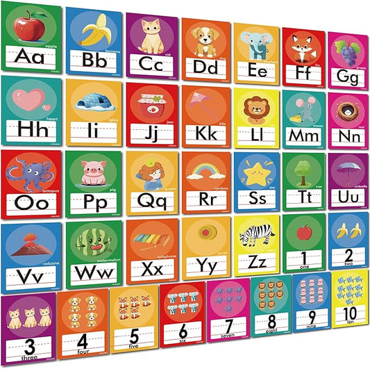 YIYDONG 36 Pieces Alphabet Line Bulletin Board Set ABC Number Flash Cards Wall Decorations for Pre-School Kindergarten Elementary Classroom Nursery Homeschool (Bright Colors)