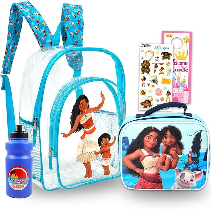 Disney Moana Clear Backpack with Lunch Box - Bundle with 16" Backpack for Girls, Lunch Bag, Water Bottle, Stickers, More | Transparent Moana School Bag for Kids School Supplies