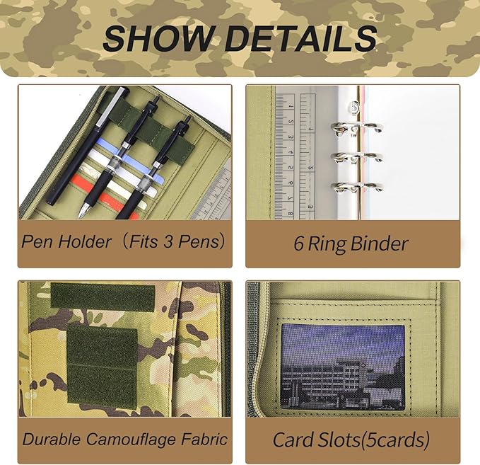 Army Military Padfolio Ring Binder with Zippered Portfolio Organizer and Tactical Notebook Cover for A5 Folder, Small OCP Binder Planner for Men, 6 Ring Binder Organizer Military Notebook Cover(Multi)