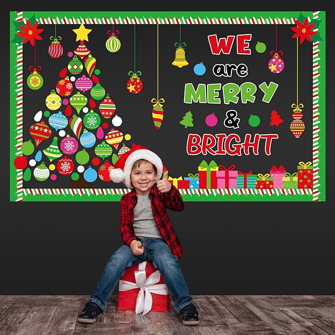 Christmas Religious Bulletin Board Decorations Set Xmas Tree with Hanging Ornaments Gift Boxes We are Merry and Bright Cutouts for Classroom Winter Holiday School Home Wall Party Decor Supplies