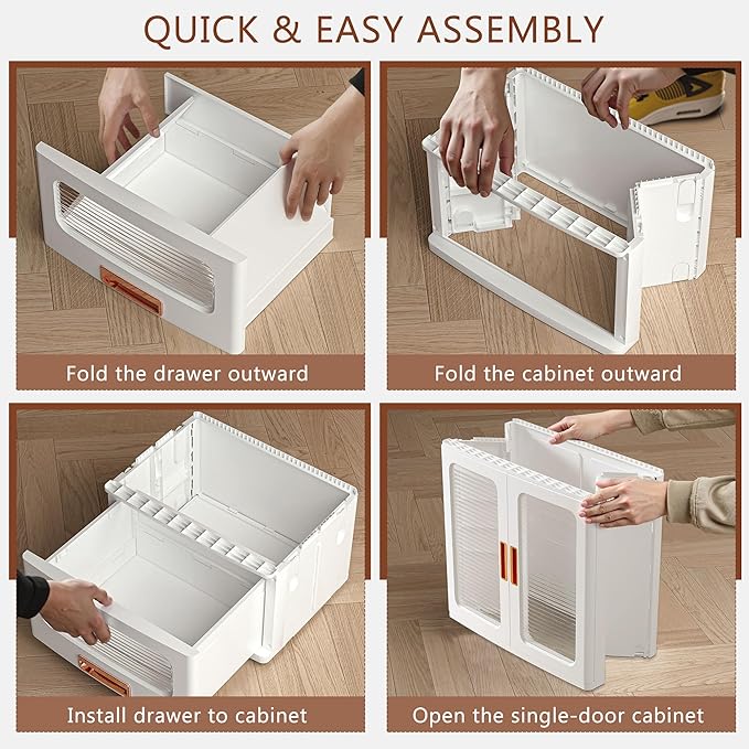 VECELO 226QT Stackable Storage Bins with Lids, Large Storage Cabinet with Drawer and Doors, Movable Wheels, Adjustable Shelves, Anti-Tip, for Living Room, Bedroom, Kitchen, White