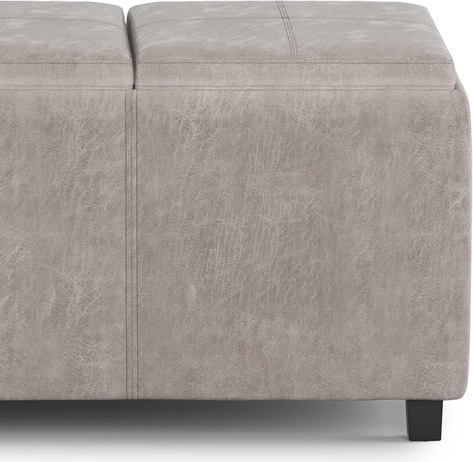 SIMPLIHOME Avalon Storage Ottoman - 42 inch Wide Upholstered Vegan Leather Rectangular Flip-Top Ottoman in Distressed Grey Taupe, Contemporary Coffee Table Ottoman for Living Room with Hidden Storage