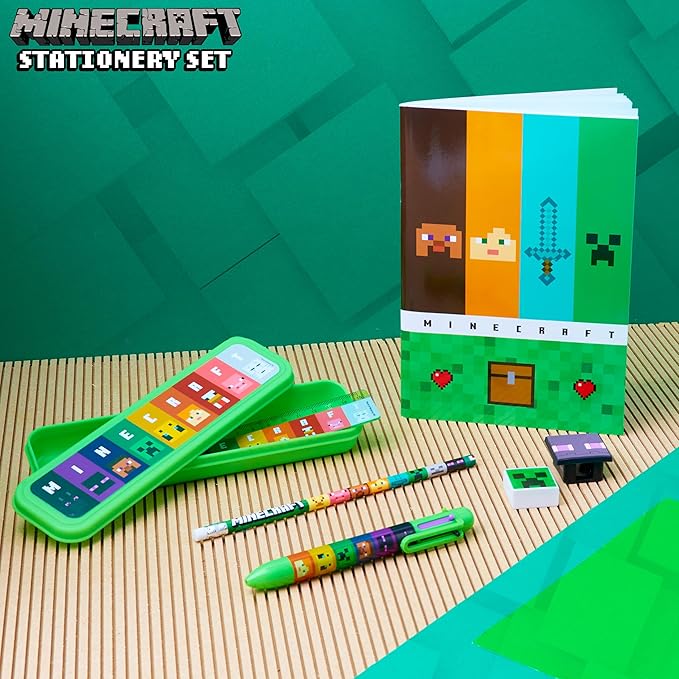 Minecraft Filled Pencil Case and Stationery Set for Kids, School Supplies - Gifts for Boys (Green/Multi)