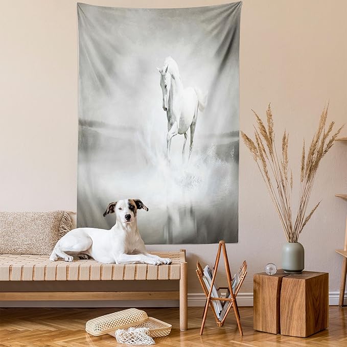 Ambesonne Horses Tapestry, Wild Horse Running Through Water Dramatic for the Motivation of Life Art, Wall Hanging for Bedroom Living Room Dorm Decor, 60" X 80", Black and White